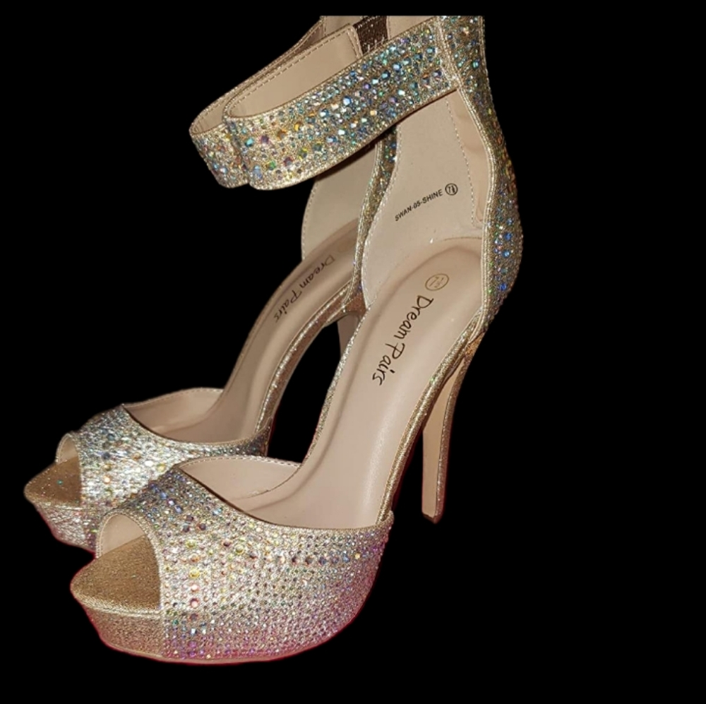 Peep toe platform Gold Rhinestone Heels